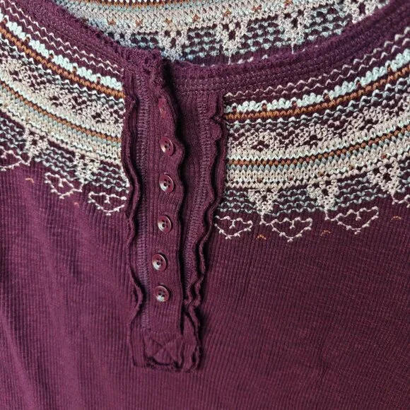 Free People Fair Isle Burgundy Purple Embroidered Thermal Top With Thumbholes - Picture 3 of 13